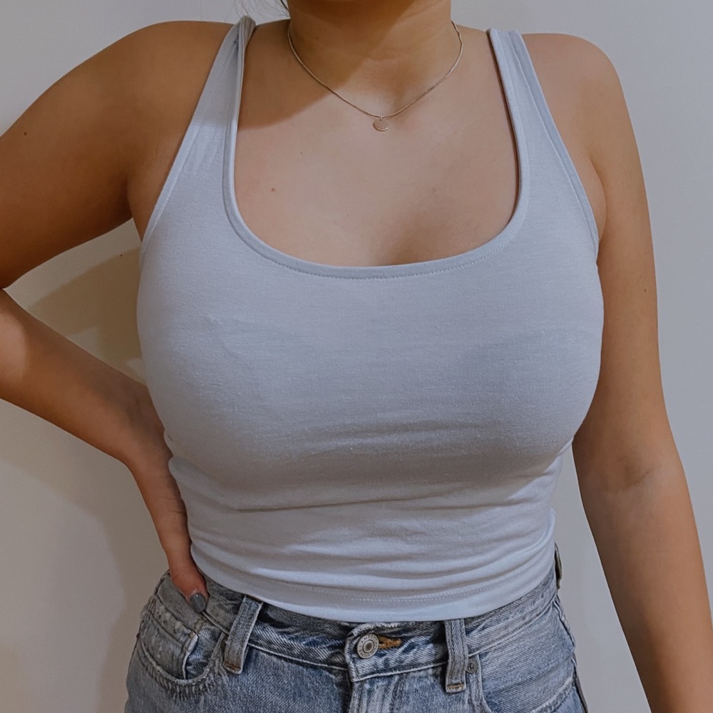 light blue crop top